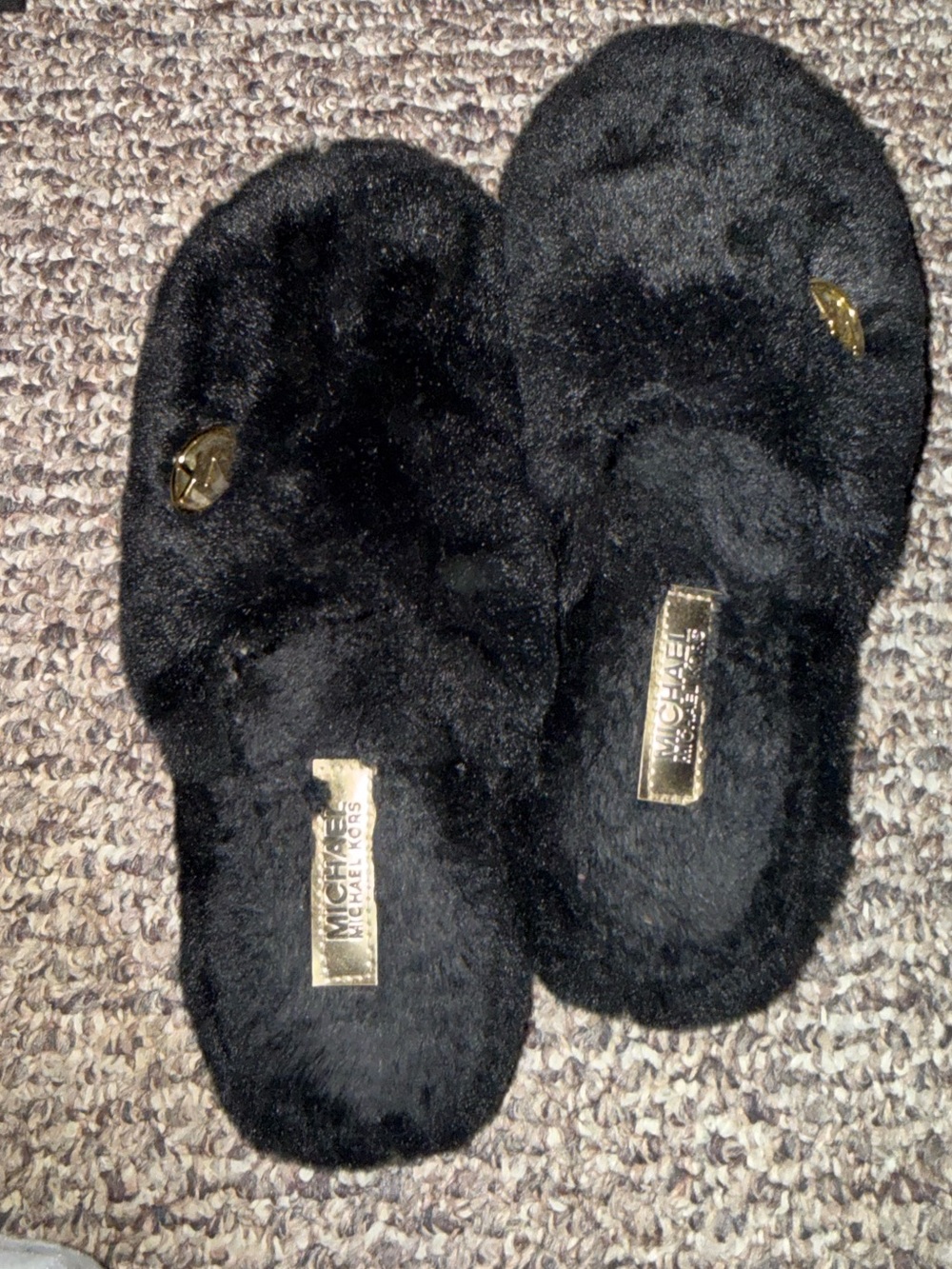 Michael Kors Black Faux Fur Slide Slippers with Gold Logo